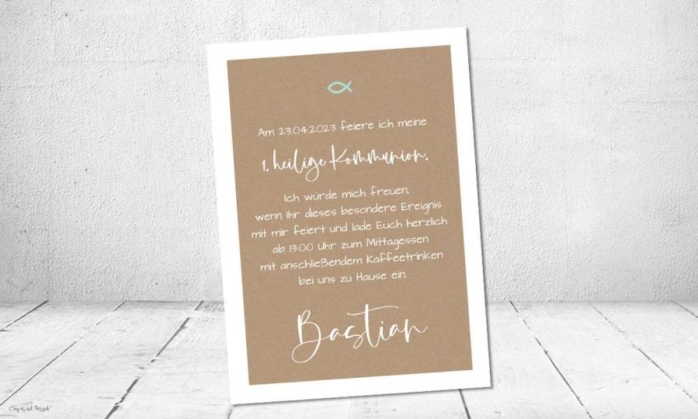 Einladungskarte Kommunion Fisch hellblau Vintage