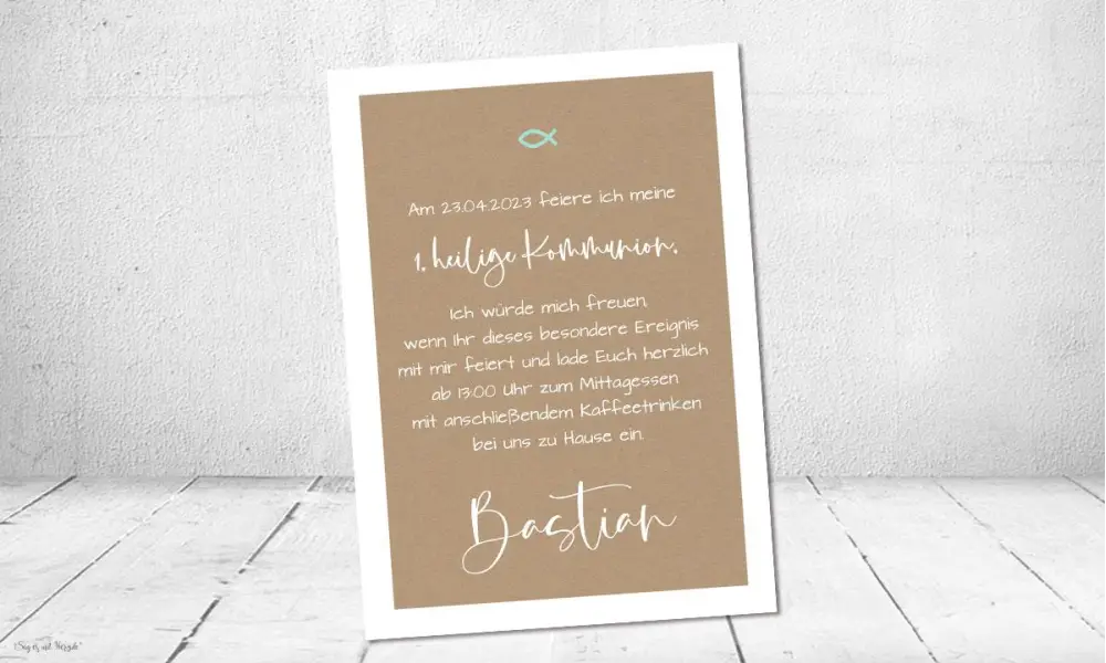 Einladungskarte Kommunion Fisch hellblau Vintage