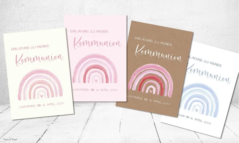 Einladungskarten Kommunion Regenbogen rosa Mädchen