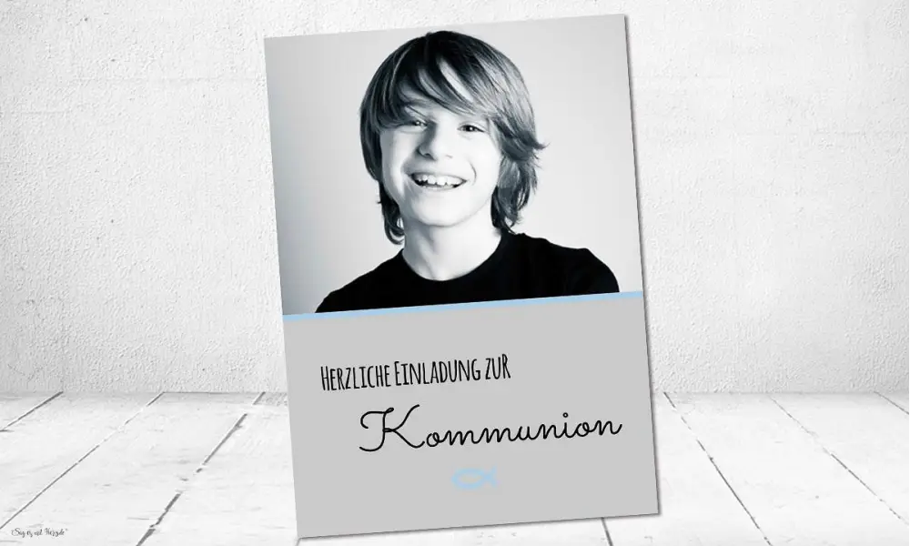 Einladungskarten Kommunion taube blau mit Foto