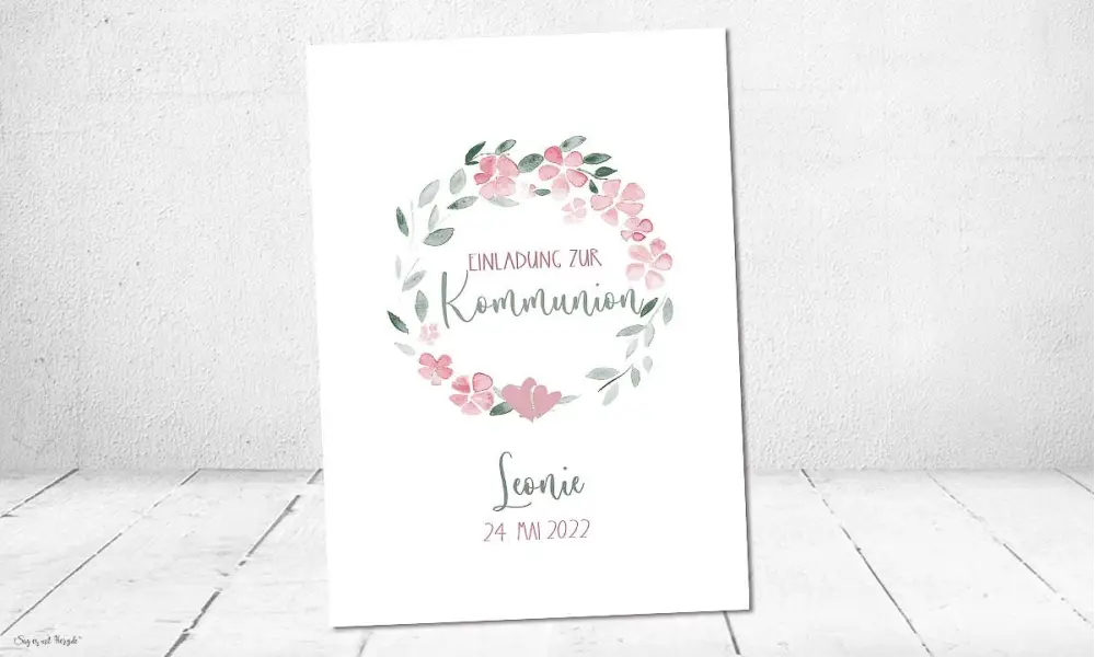 Einladungskarten Kommunion floral Aquarell rosa