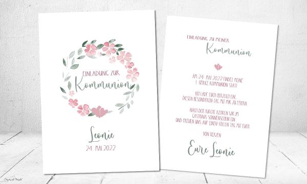Einladungskarten Kommunion floral Aquarell rosa