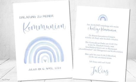 Einladungskarten Kommunion Regenbogen blau Junge