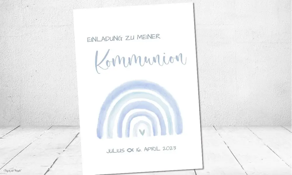 Einladungskarten Kommunion Regenbogen blau Junge