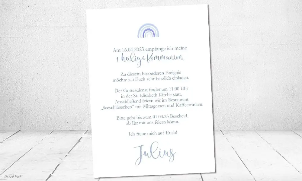 Einladungskarten Kommunion Regenbogen blau Junge
