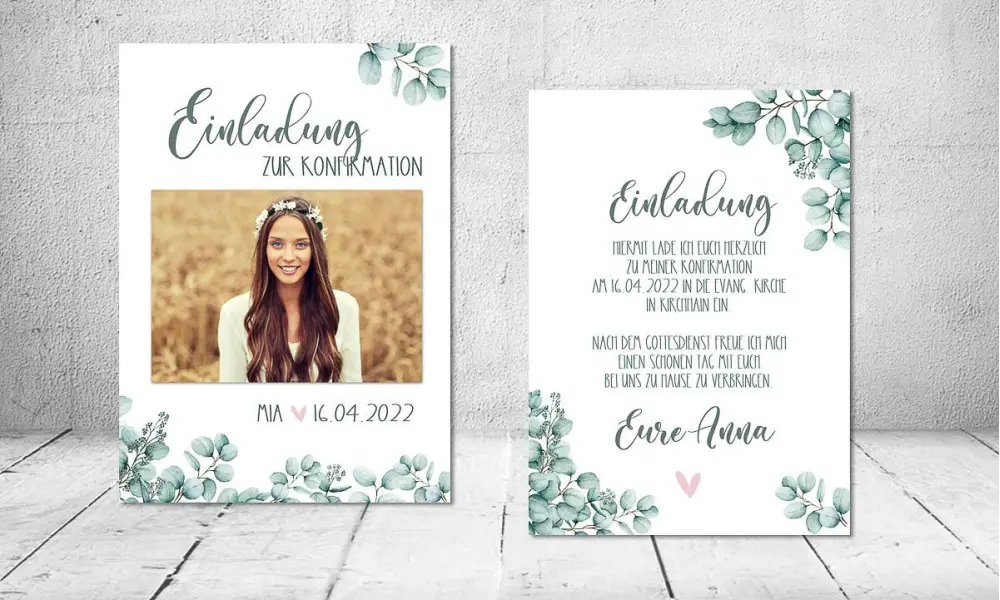 Einladungskarten Konfirmation Eukalyptus mit Bild
