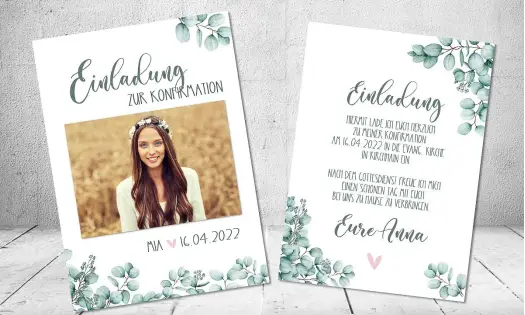 Einladungskarten Konfirmation Eukalyptus mit Bild
