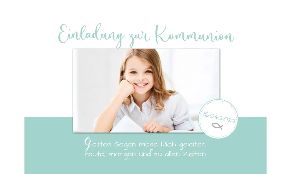 Einladungskarten Kommunion türkis mit Kommunionsspruch