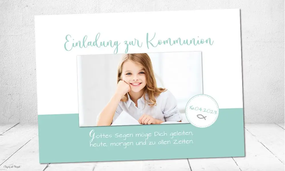 Einladungskarten Kommunion türkis mit Kommunionsspruch