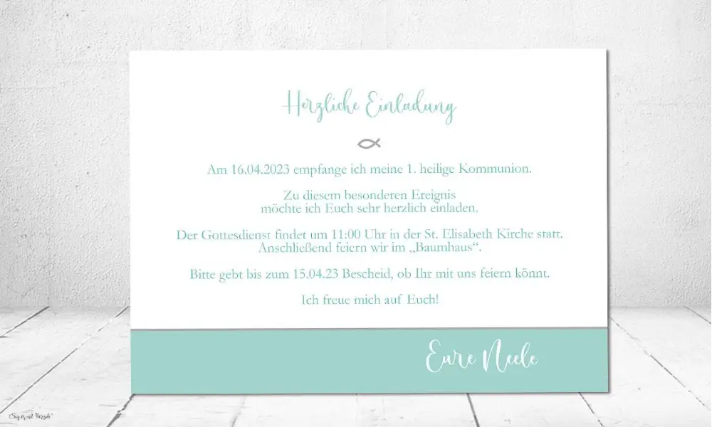 Einladungskarten Kommunion türkis mit Kommunionsspruch
