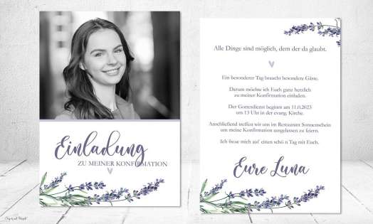 Einladungskarten Konfirmation flieder mit Foto