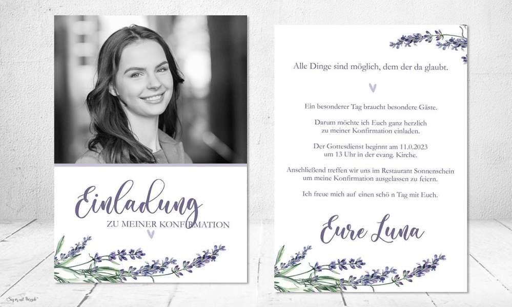 Einladungskarten Konfirmation flieder mit Foto