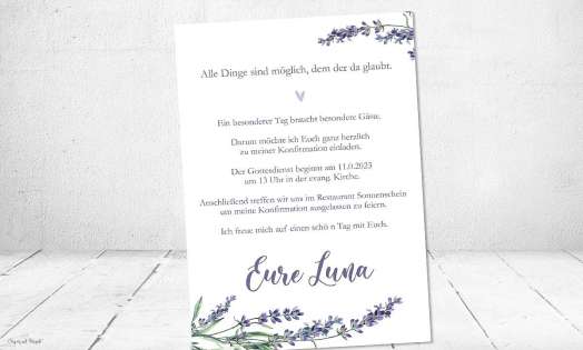 Einladungskarten Konfirmation flieder mit Foto