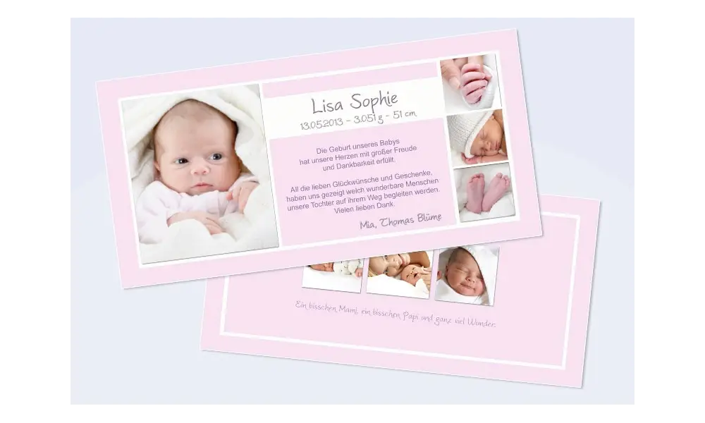 Danksagungskarte zur Geburt, "Lisa Sophie" in rosa