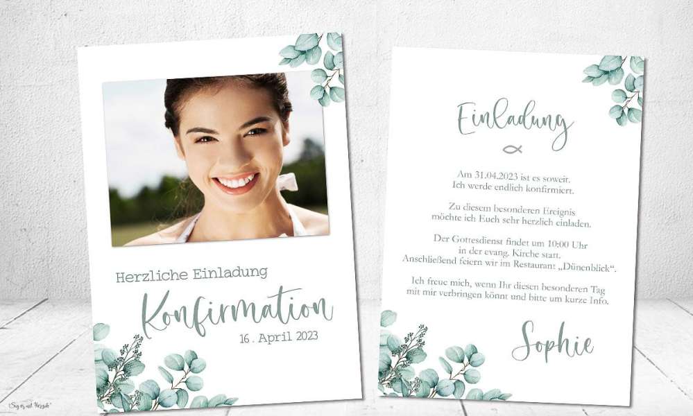 Einladungskarten Konfirmation mit Foto Eukalyptus