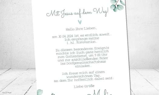 Einladungskarten Kommunion Eukalyptus mit Foto