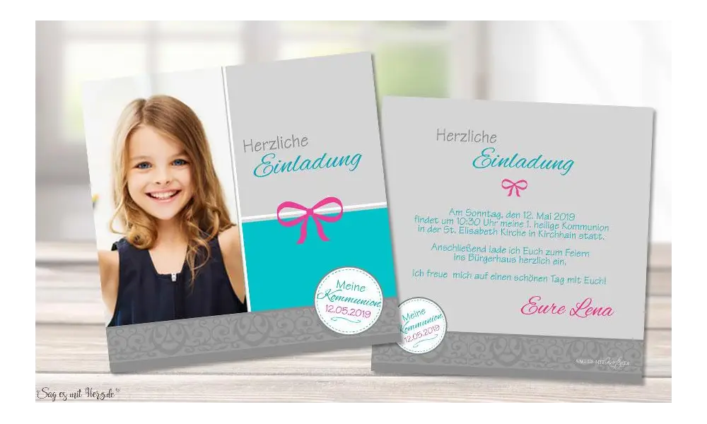 Einladungskarten Konfirmation türkis mit Foto quadratisch