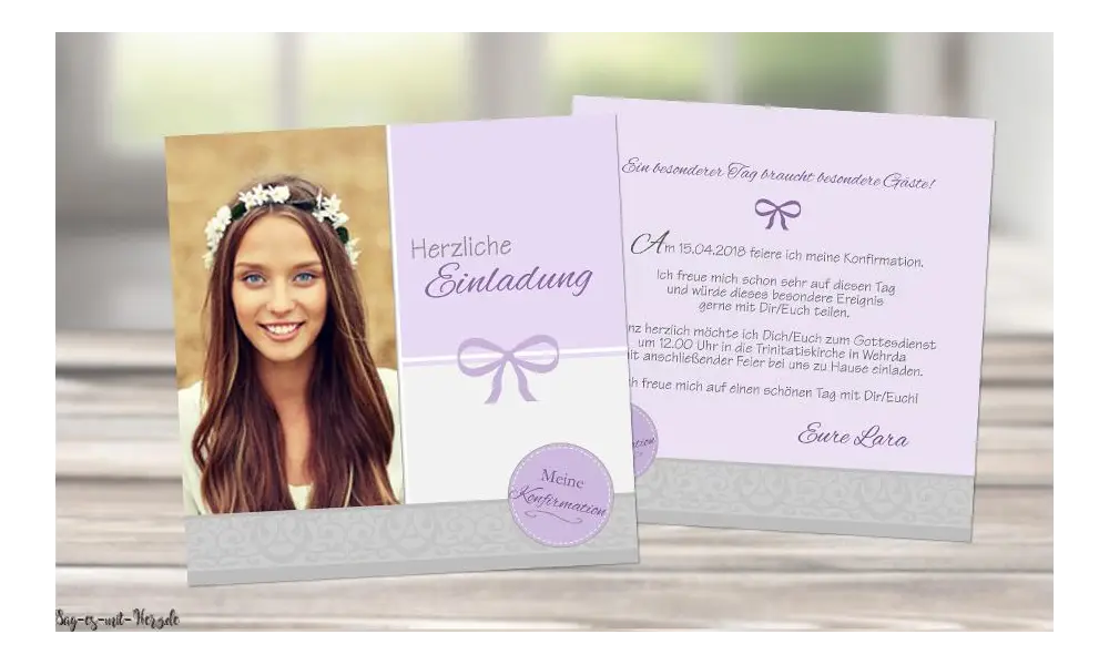 Einladungskarten Konfirmation  flieder mit Foto quadratisch