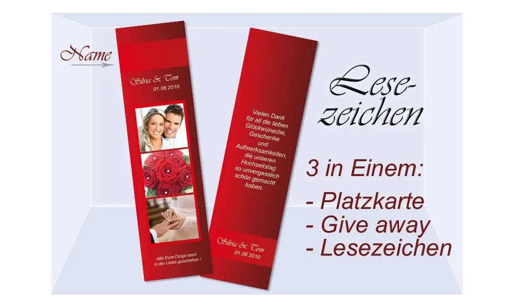 Lesezeichen, Platzkarte Hochzeit, 5x20 cm, rot