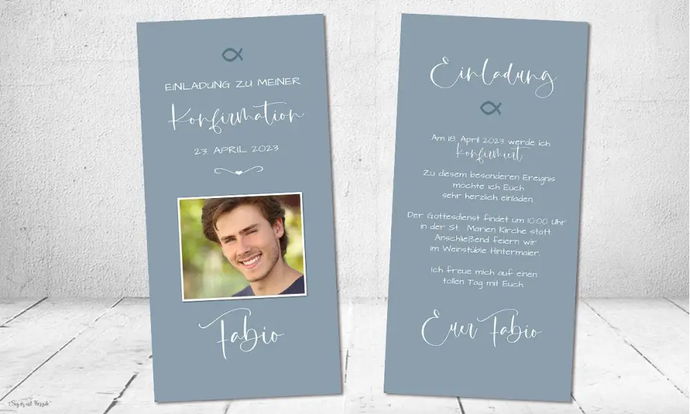 Einladungskarten Konfirmation blau mit Bild