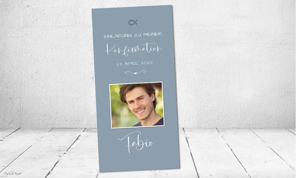 Einladungskarten Konfirmation blau mit Bild