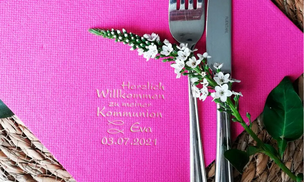 Pinke Serviette-Kommunion mit Name bedruckt-Konfirmation