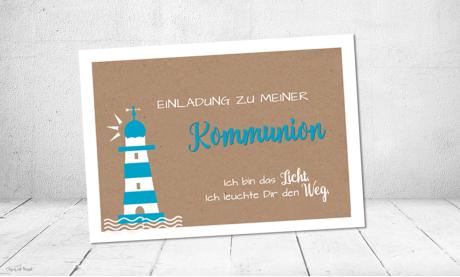Einladungskarte Kommunion Leuchtturm türkis Kraftpapier Jute
