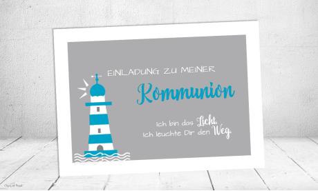 Einladungskarte Kommunion Leuchtturm türkis grau