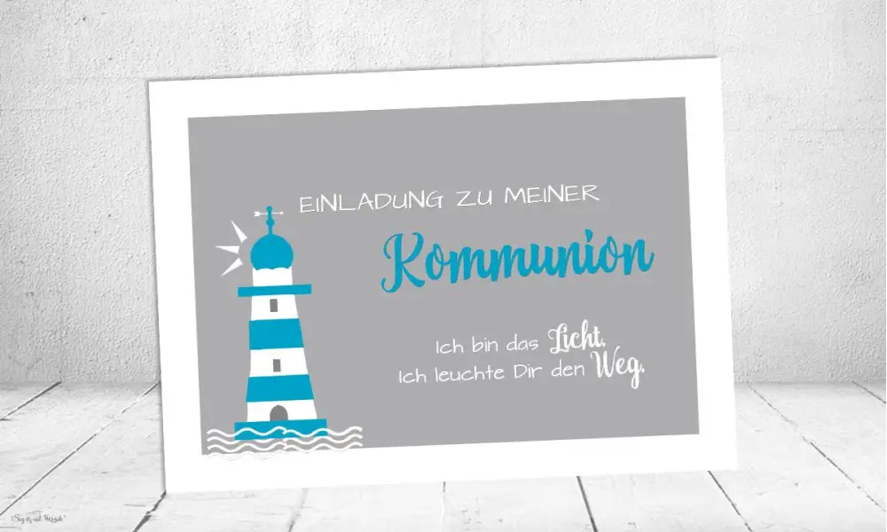 Einladungskarte Kommunion Leuchtturm türkis grau