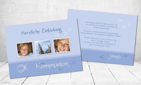 Einladung Kommunion Fisch hellblau Postkarte