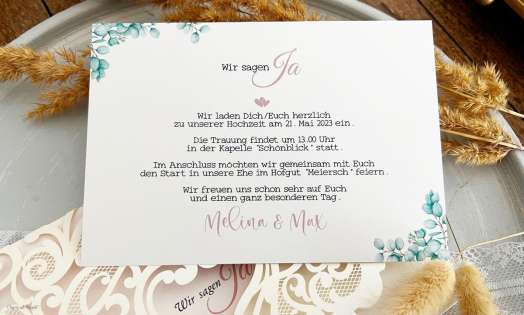 Einladung Hochzeit Lasercut Herz Pocketfold Spitze Eukalyptus