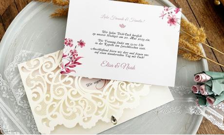 Einladung Hochzeit Lasercut Herz Pocketfold Spitze rosa