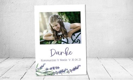 Dankeskarten Kommunion lila mit Lavendel, mit Foto, für Mädchen, modern, Postkarte