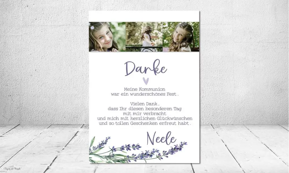 Dankeskarten Kommunion lila mit Lavendel, mit Foto, für Mädchen, modern, Postkarte