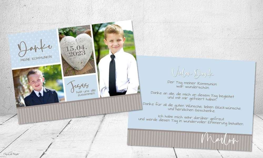 Danksagung Kommunion mit mehreren Fotos, hellblau grau, Konfirmation, Postkarte Danksagung Kommunion mit mehreren Fotos, hellblau grau, Konfirmation, Postkarte