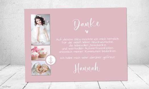 Dankeskarten Kommunion rosa, für Mädchen, mit mehreren Fotos, Postkarte, rose, rosegold