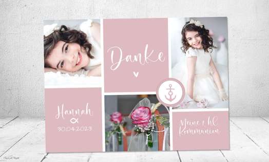 Dankeskarten Kommunion rosa, für Mädchen, mit mehreren Fotos, Postkarte, rose, rosegold