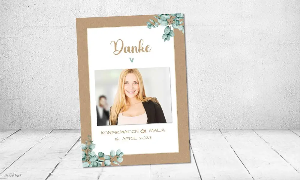 Dankeskarten Konfirmation Eukalyptus Kraftpapier, modern, Postkarte, Natur, Greenery, Mädchen, mit Foto