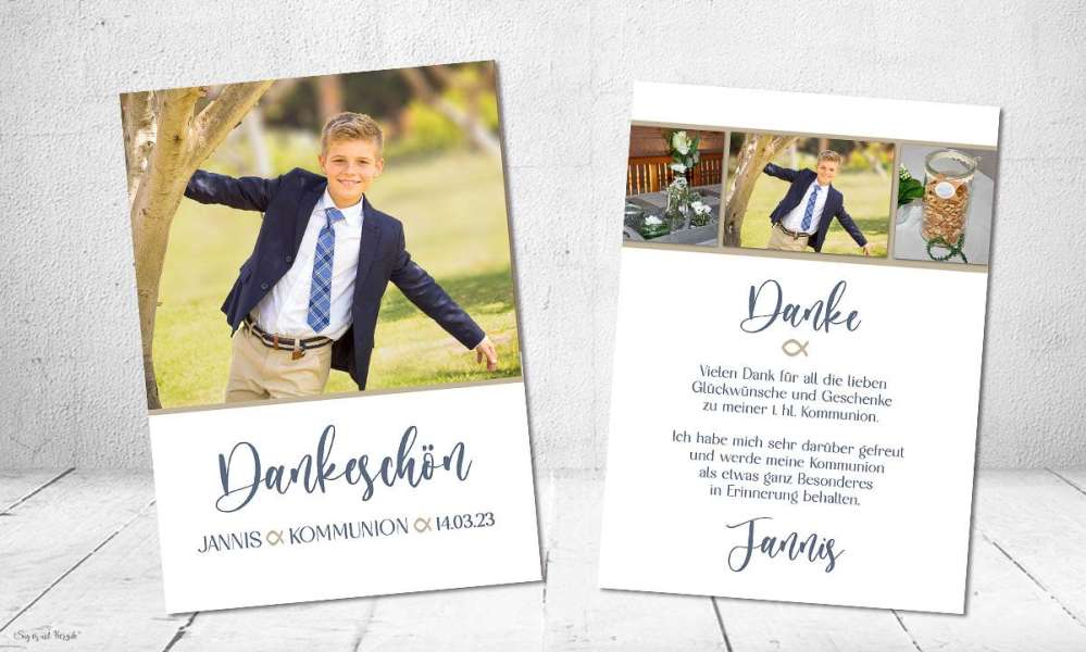 Danksagung Kommunion Fotokarten, modern, blau, mit Foto, Konfirmation