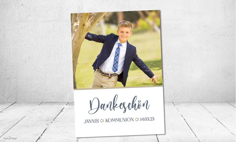 Danksagung Kommunion Fotokarten, modern, blau, mit Foto, Konfirmation