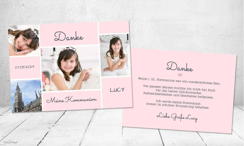 Danksagung Kommunion rosa Fotokarten