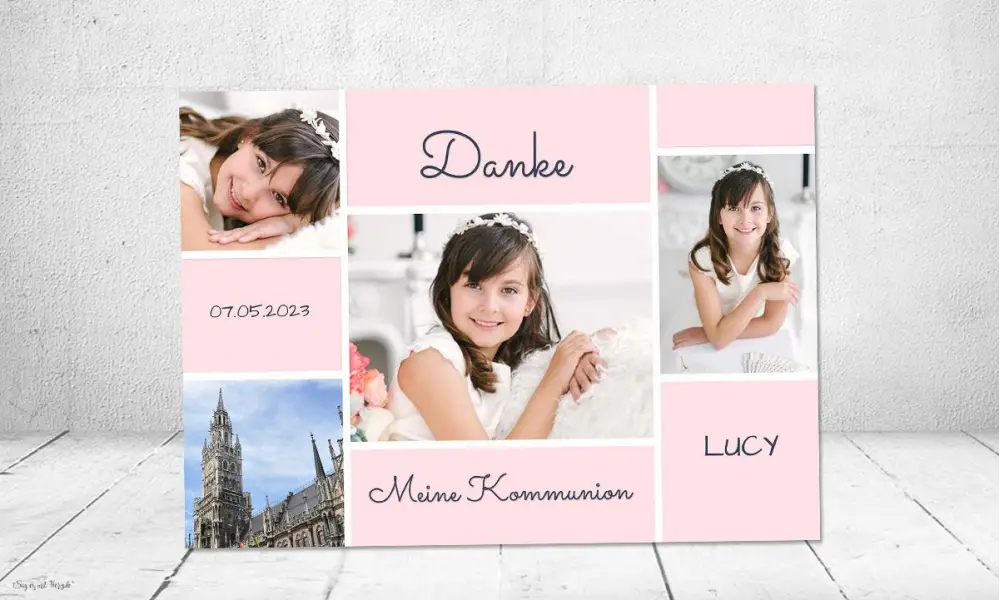 Danksagung Kommunion rosa Fotokarten