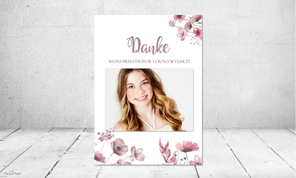 Dankeskarten Konfirmation rosa floral