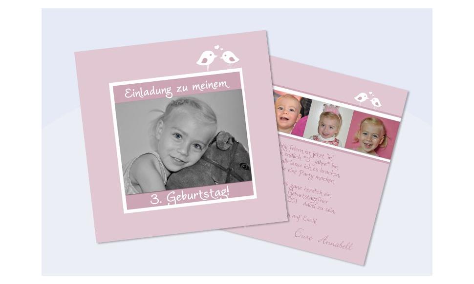 Einladung zum Kindergeburtstag, Flachkarte 12,5x12,5 cm, rosa 