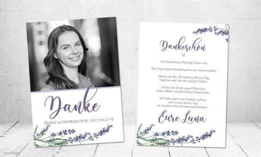 Dankeskarten Konfirmation lila mit Lavendel