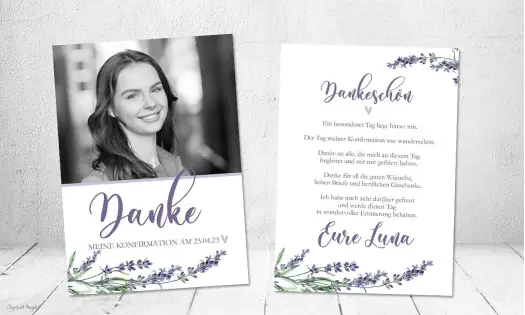 Dankeskarten Konfirmation lila mit Lavendel