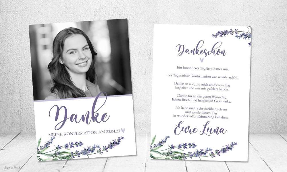 Dankeskarten Konfirmation lila mit Lavendel