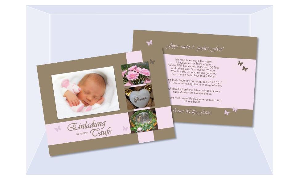 Einladungskarte zur Taufe in braun, rosa, Flachkarte 