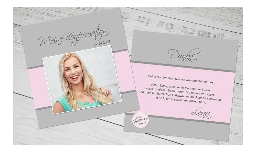 Dankeskarten Konfirmation Mädchen rosa grau
