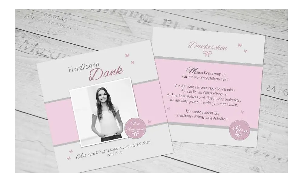Dankeskarten Konfirmation Mädchen rosa grau
